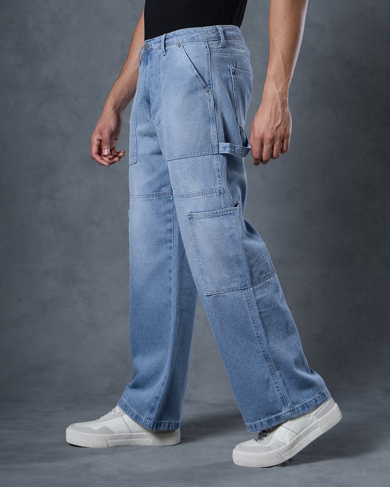 bewakoof Men's Blue Washed Baggy Fit Cargo Carpenter Jeans - Image 2